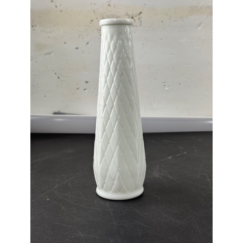 EO Brody Co White Milk Glass Bud Vase Diamond Quilted Pattern 9 Inch USA Made